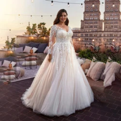 Elegant Long Sleeve Lace Bridal Gown V Neck Illusion Back Tulle A Line Wedding Dress Champagne Train Plus Size Vestido De Novia