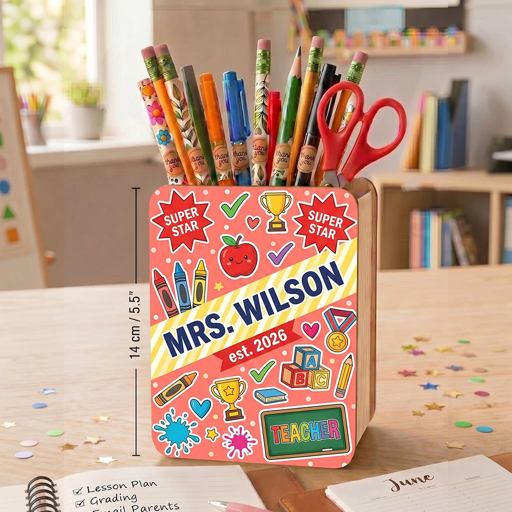 Custom Teacher Name Wood Pencil Organizer,Desktop Stationery Storage Holder,Back‑to‑School Thank‑You Gift,Tabletop Ornament