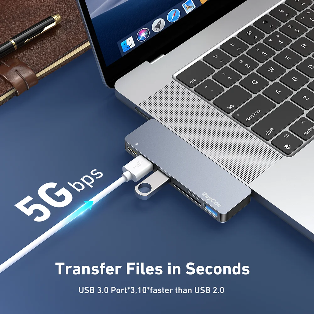 RayCue 썬더볼트 독 맥북 프로 에어용 USB 허브 6 in 2 USB분배기 3.0 멀티포트 5K Thunderbolt 3 포트 TF SD 카드 리더가 포함된 M1 M2 노트북용 C타입 USB Hub 맥북 허브