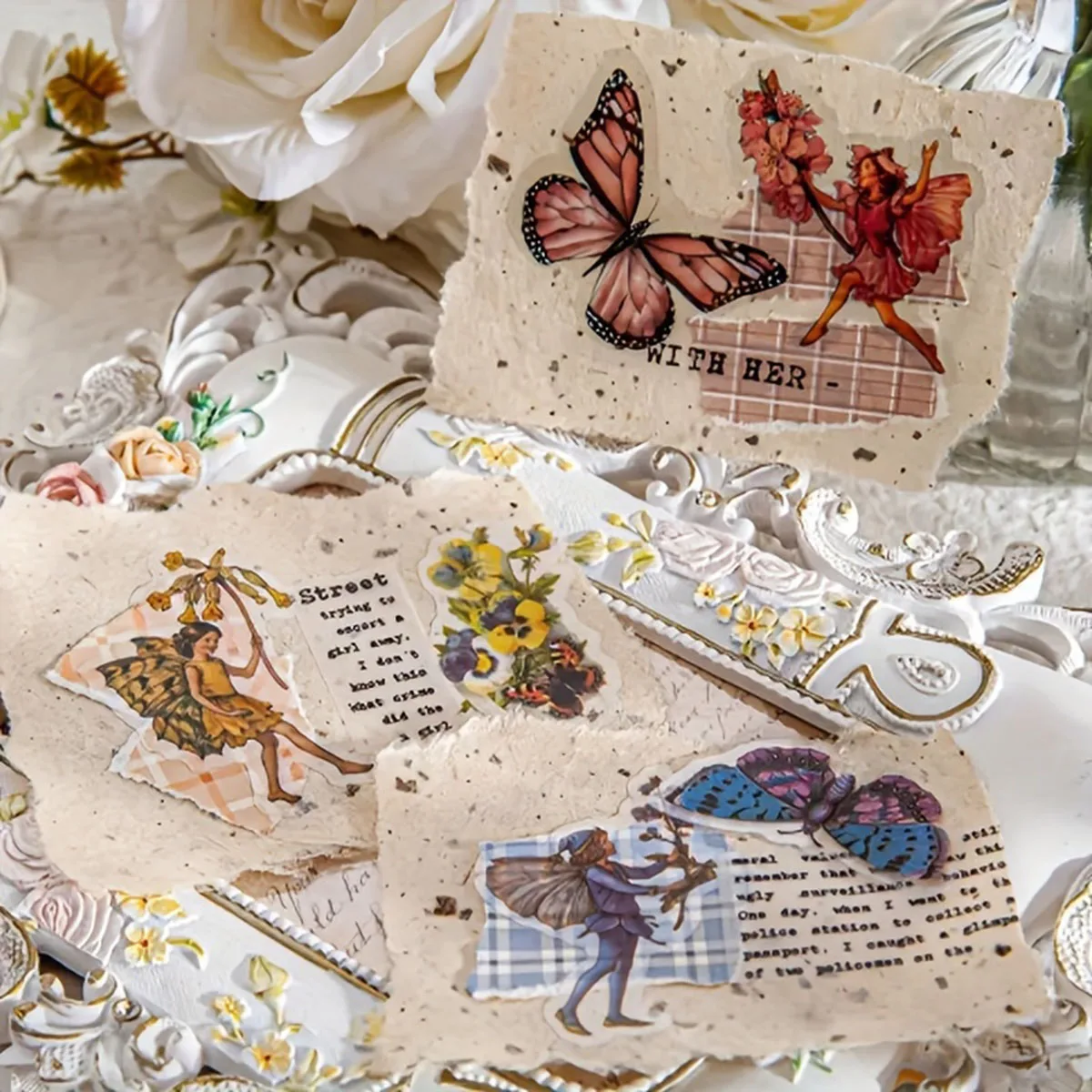 علبة واحدة مكونة من 45 ملصقًا لتزيين سجل القصاصات على شكل فراشة وزهرة خيالية