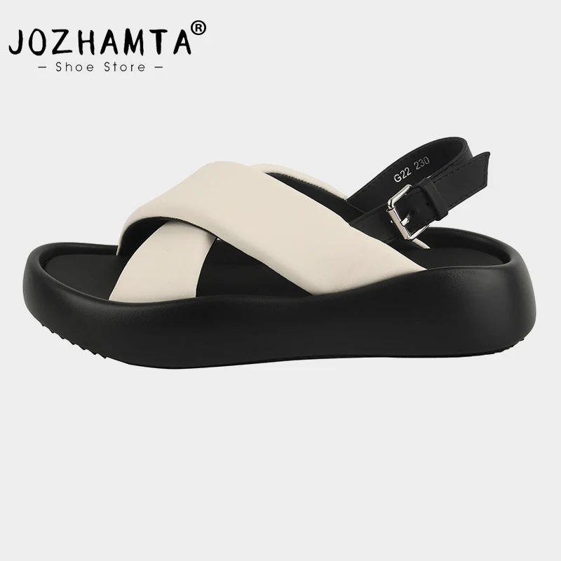 JOZHAMTA Size 35-39 Women Flats Slippers Real Leather Comfort Low Heels Summer Shoes Casual Daily Home Outdoor Slides Sandals