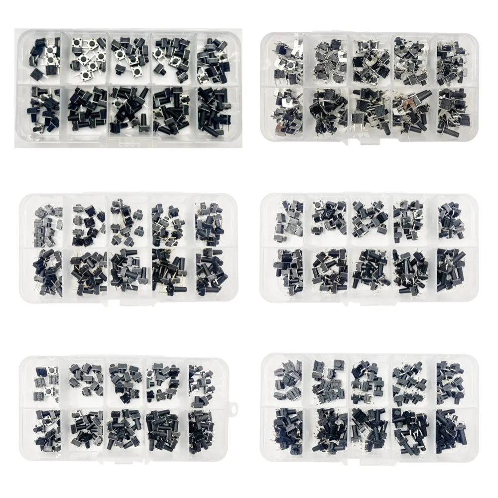 

100 шт., 10 моделей, 6*6, тактовый переключатель, тактильный кнопочный переключатель, комплект, высота: 4,3 ~ 13 мм, DIP/SMD, 2 контакта, 4 контакта, 6x6, микро-переключатель