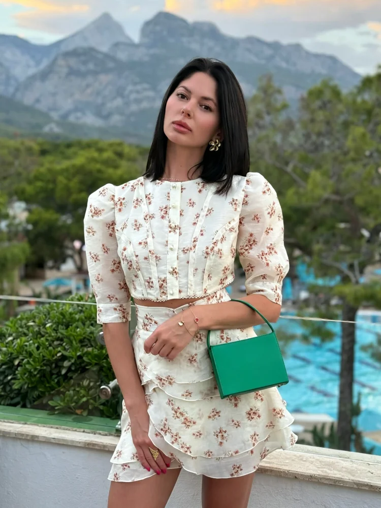 Blumenbedruckte Jacken- und Rock-Sets für Damen, Halbarm, O-Ausschnitt, Einreiher-Mantel, Faltenrock, 2026 Neue Damen-Outfits
