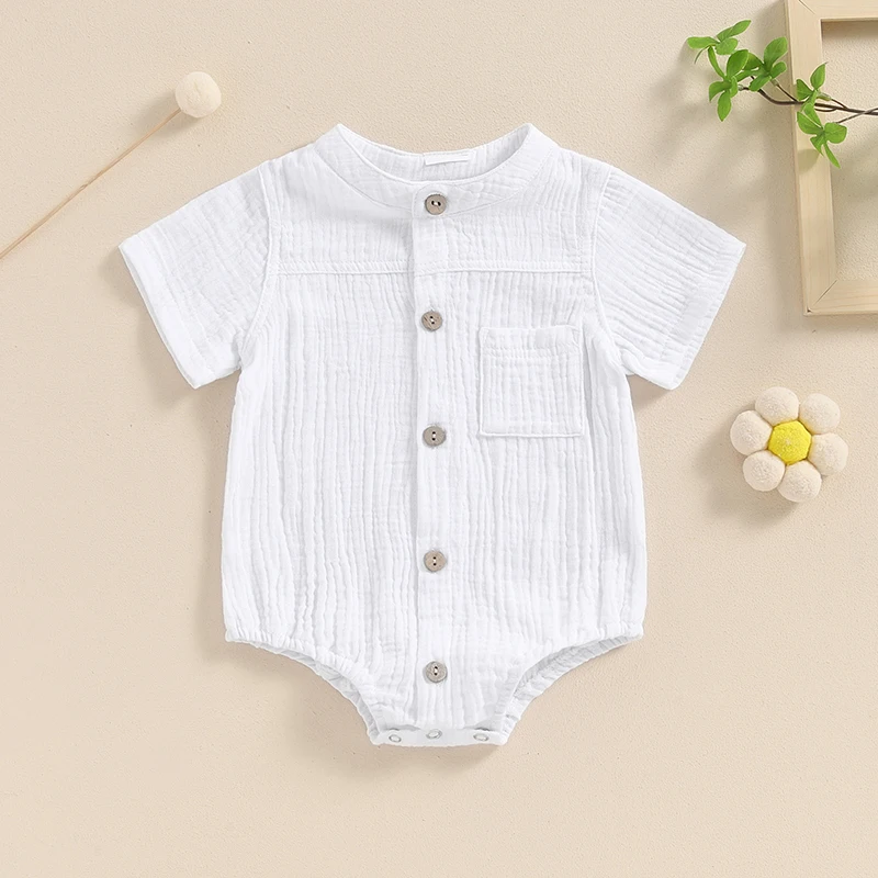 

Suefunskry Baby Boy Shirred Romper Casual Button Down Round Neck Short Sleeve Jumpsuit Newborn Toddler Summer Clothes