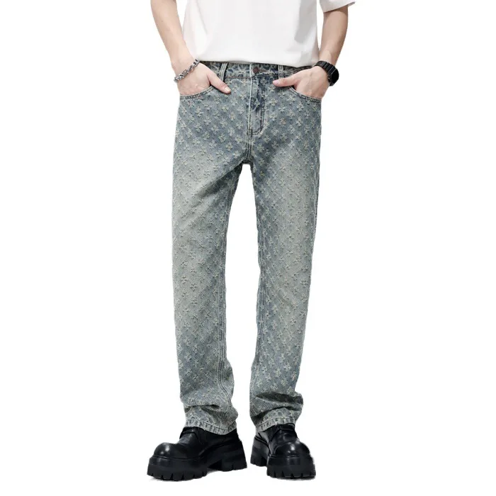 Jacquard Pattern Denim Pants Male Straight Fitting Baggy Bottoms Distressed Wide Jeans For Men