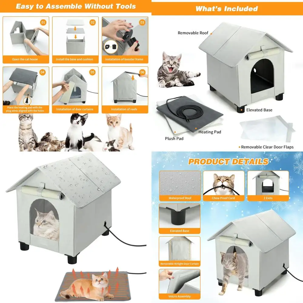 

Зимнее изолированное укрытие для кошек на открытом воздухе с аварийной дверью, водонепроницаемое и повышенное для ферламных кошек или маленьких собак (серый, средний)