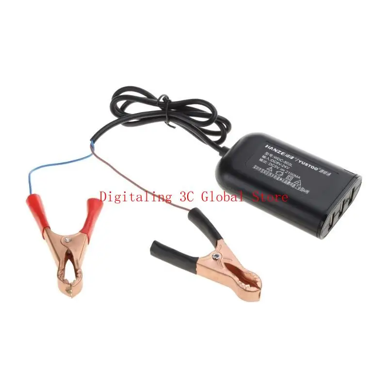  USB Power Adapter 12V 24V to 5V 2.1A with Battery Clip 3 Ports Charging Adapter