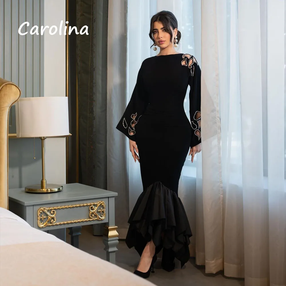 Carolina Black O-Neck Crepe Mermaid Evening Dress Saudi Arabia 2024 Slim Cut-out Long Sleeve Ankle-Length Prom Dress