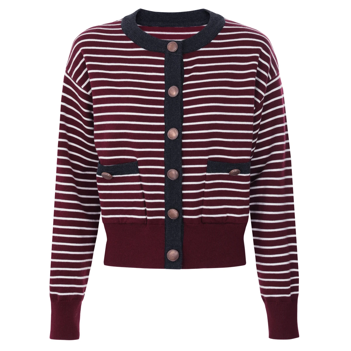 

Высококачественная весенне-осенняя новая модная женская темпераментная шерстяная куртка с круглым вырезом в полоску и пуговицами