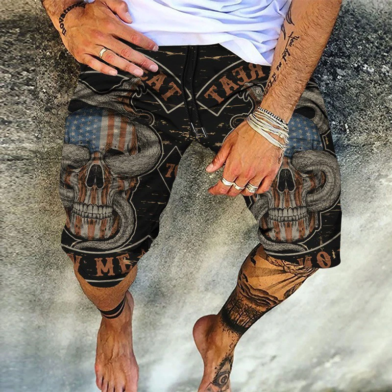 Fashion Skulls Print Mens Shorts 2023 Spring Summer Loose Drawstring Tie-up Casual Short Pant Leisure Men Vacation Beach Shorts