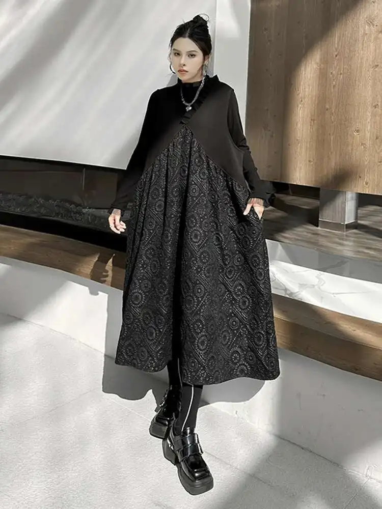 

Women Black Jacquard Ruffles Big Size Midi Vest Dress New V-Neck Sleeveless Fashion Tide Spring Summer