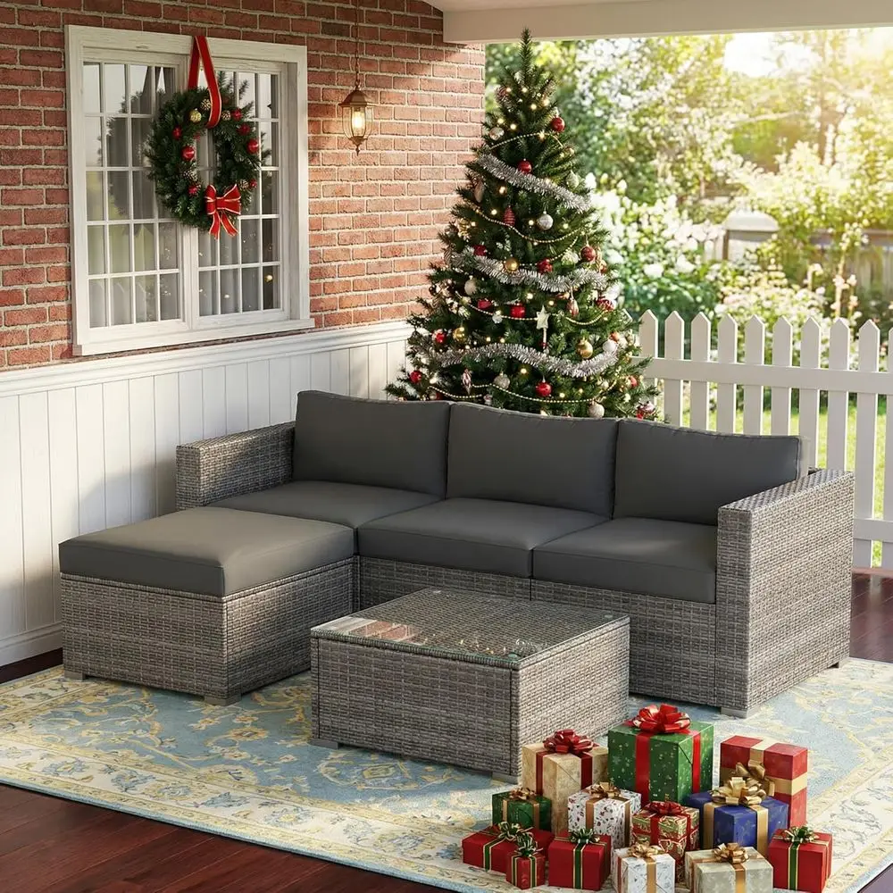 

5-Pieces Outdoor Patio urniture Set, All Weather Wicker Rattan Sectional Soa, Patio Contion Set with Cushions & Glass Coee Table