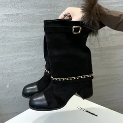 2025 Luxury Metal Chain Decorative Women's Boots Fashion Chunky Heel Suede Mid-calf Boots for Women High Heel Pantyhose Boots