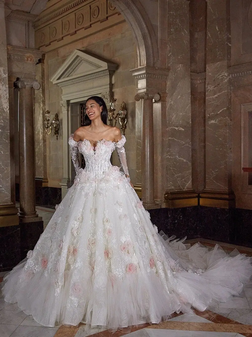 Customized Exquisite Off-Shoulder Long-Sleeve Wedding Dresses Romantic Bridal Gowns Stylish 3D Floral Floor-Length Wedding Gowns