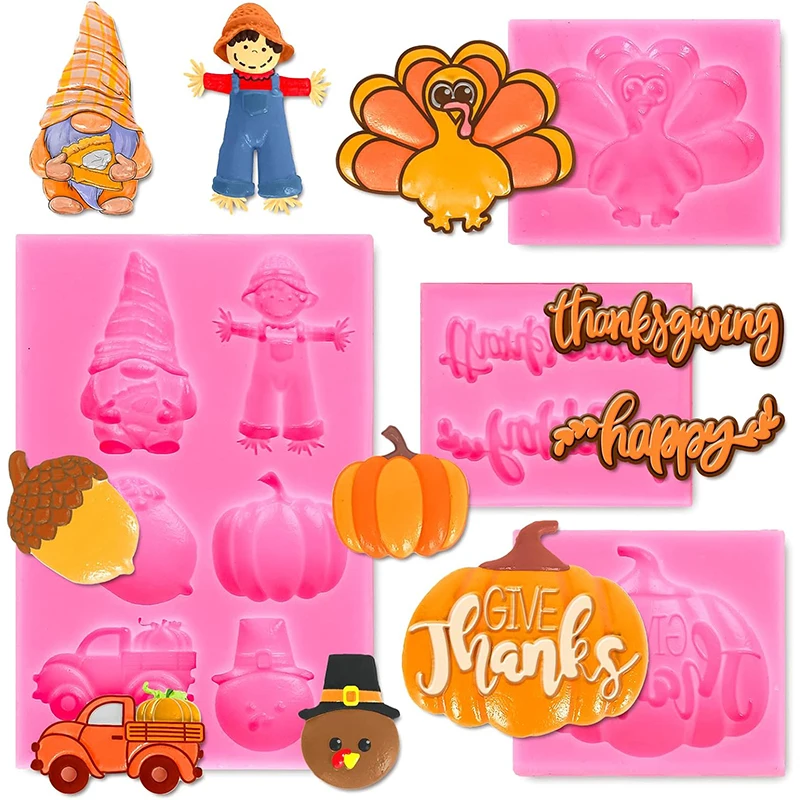 Thanksgiving Silicone Mold Pumpkin Turkey Gnome Scarecrow Fondant Chocolate Cake Topper Candy Cake Decorating Mold