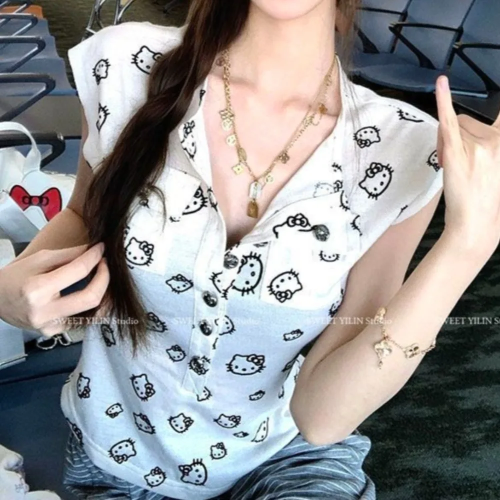 

Hello Kitty T-shirt Cute Cartoon Originality Sense of Design Printing Pocket Tops Hottie Half Open Collar Sleeveless Short Top