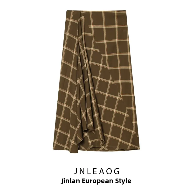 Faionable Gonna longuette Abbigliamento donna Autunno New Sle Decorativo Plaid a strati All-Match JNLEAOG Poliestere Gonna casual