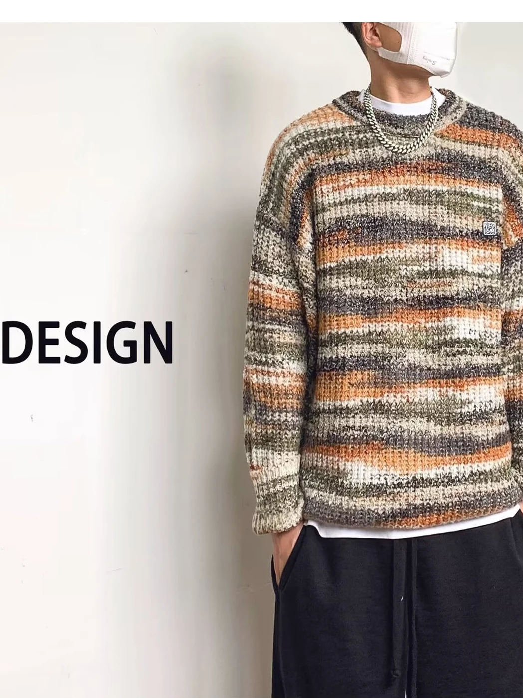 

Мужской вязаный свитер свободного кроя с круглым вырезом, весна-осень, в полоску, универсальная верхняя одежда, модный повседневный трикотаж