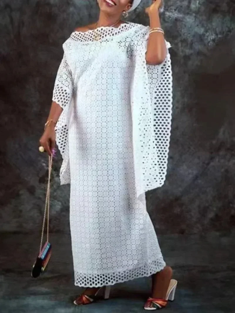 White Maxi Dress for Women Elegant Lace Robes 3/4 Sleeve Loose Summer Gowns for Wedding Bridesmaid Party Vestido Feminino