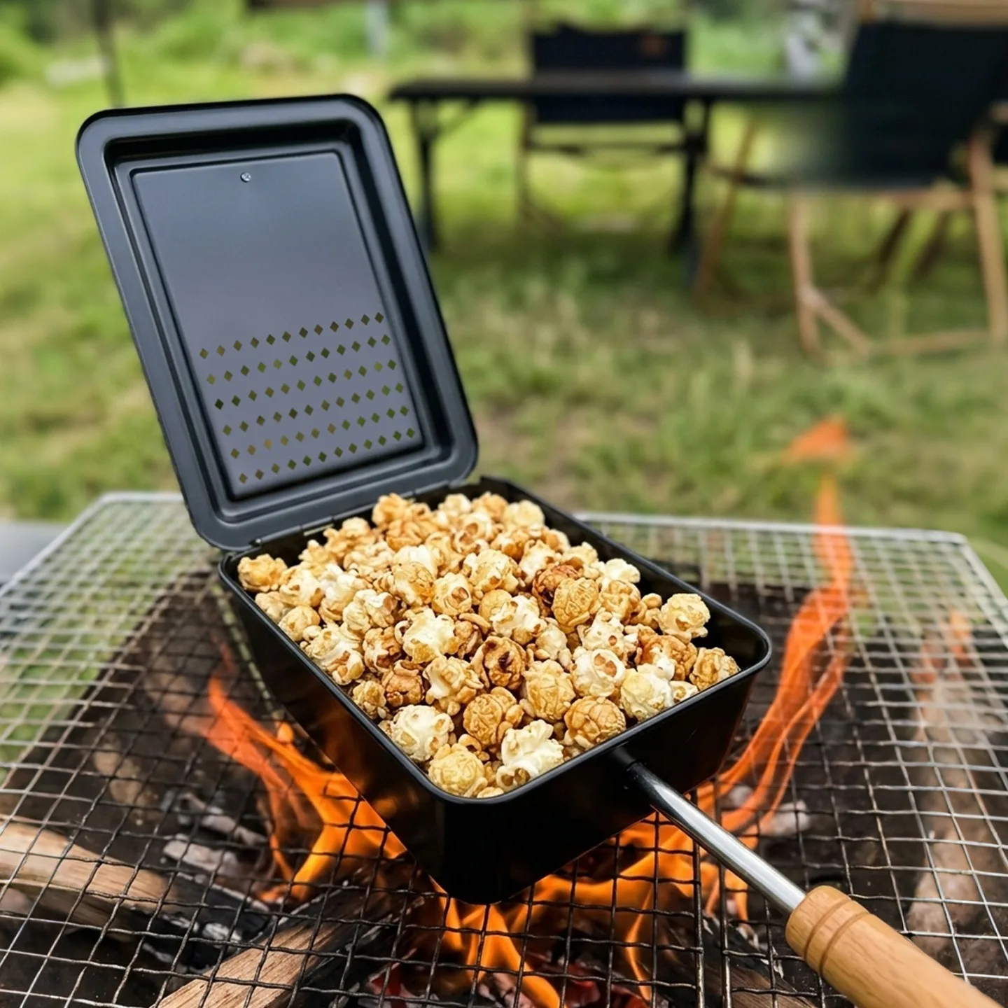 Outdoor Camping Folding Portable Cookware with Wooden Handle Non Stick Frying Pan Baking Tray Popcorn Machine Camping Pot