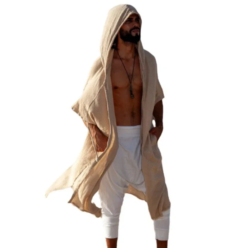 2025 Summer Leisure Breathable Loose Smock Cloak For Men Outdoor Casual Solid Color Long Hooded Robes Mens Vintage Cardigan Tops
