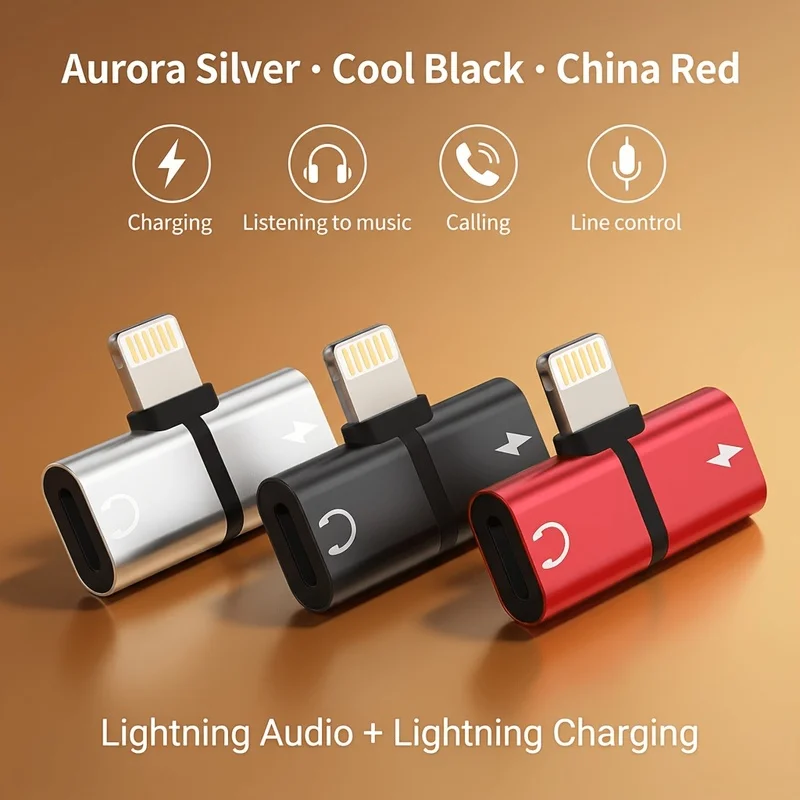 3PCS Red Lightning Splitter Adapter for iPhone, Dual Lightning Port, Simultaneous Charging & Audio Music Calling Line Control