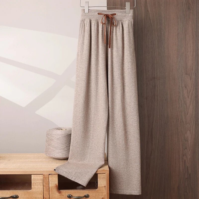 Drawstring Elastic Waist Straight-Leg 100% Cashmere Fashion Casual Long Pants Men Autumn Winter Loose Comfortable Knitted Pants