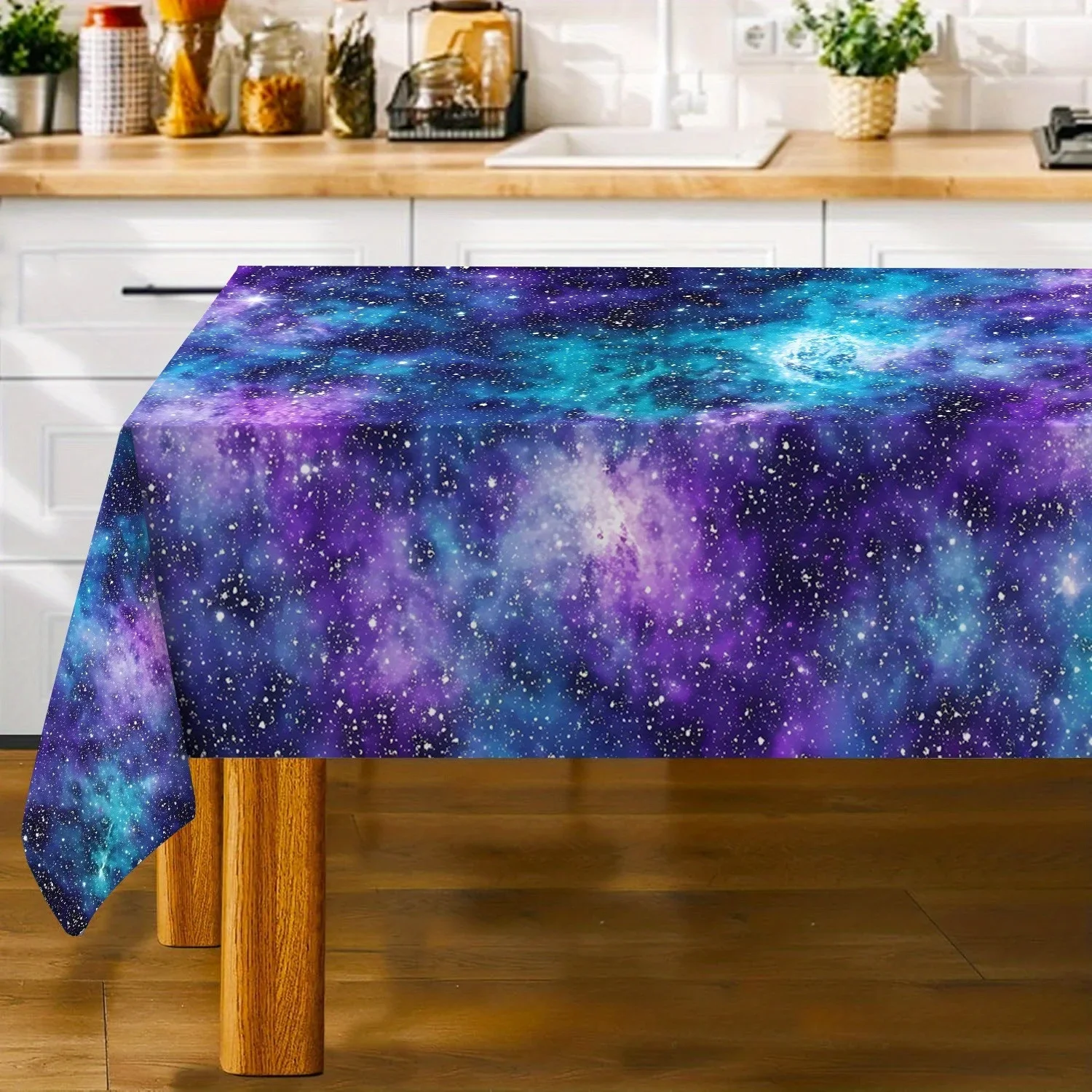 Tablecloth 1pc - 2D flat, wide galactic purple decorative rectangular tablecloth, cosmic glittering polyester tableclothxzj