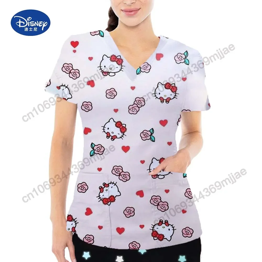 Cartoon V-neck Women's Clothes Pocket Design T-shirts Summer Female Tops