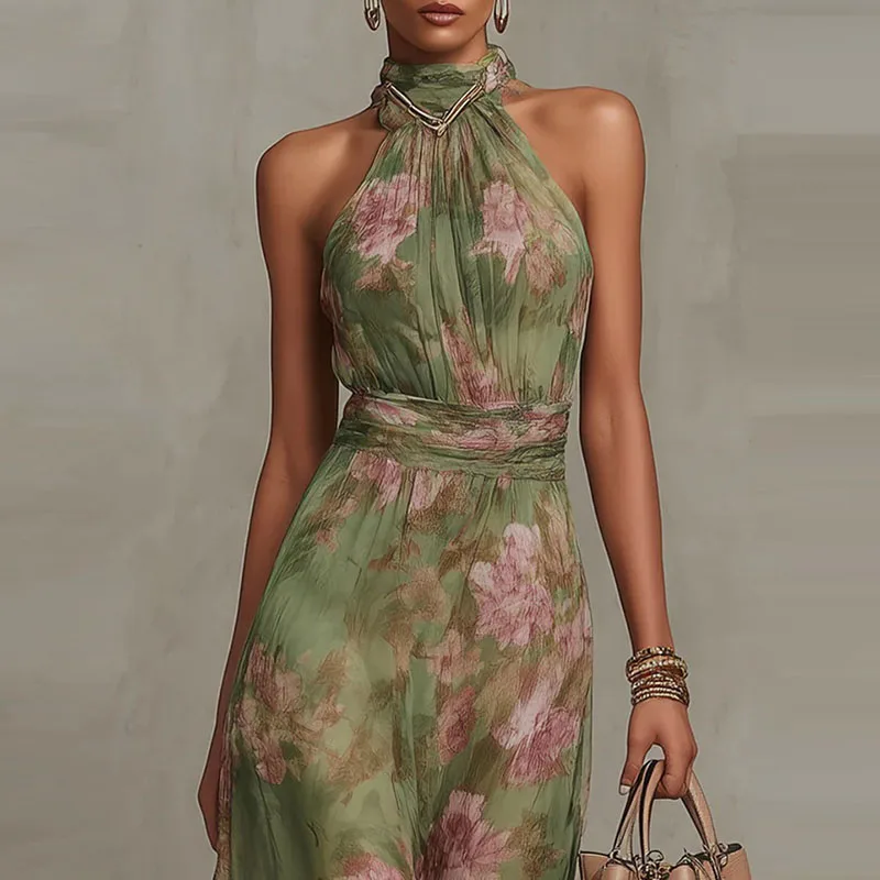 Elegant Halter Off Shoulder Hollow Party Dresses Woman Spring Floral Print Chiffon Long Dress Boho Sleeveless Summer Beach Dress - Image 5