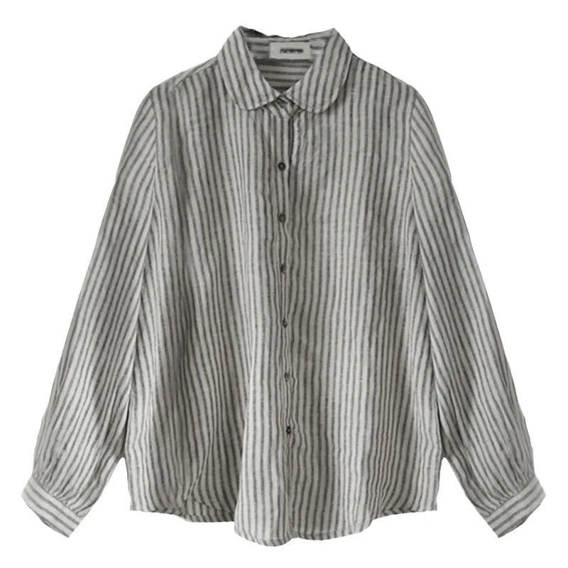 Camicia a righe in lino da donna autunno nuove signore bottoni a maniche lunghe Cardigan camicie Casual abbigliamento femminile in cotone e lino