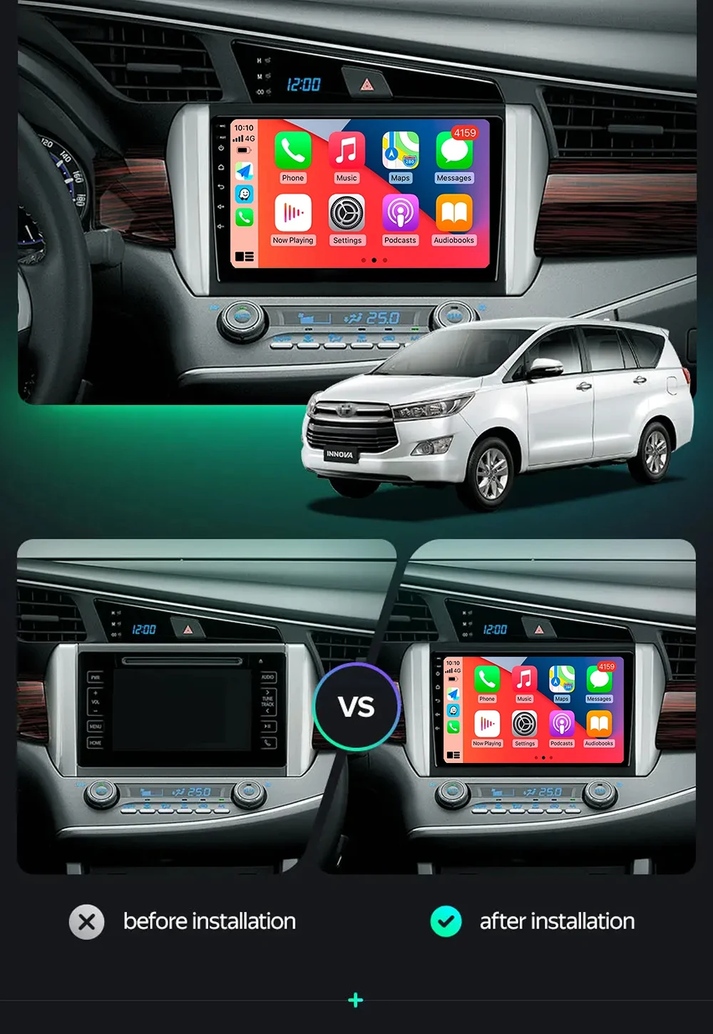 Android 14 For Toyota Innova 2 2015 - 2022 Navigation Carplay Radio Multimedia Video Wireless Monitor Screen Bluetooth 4G WIFI