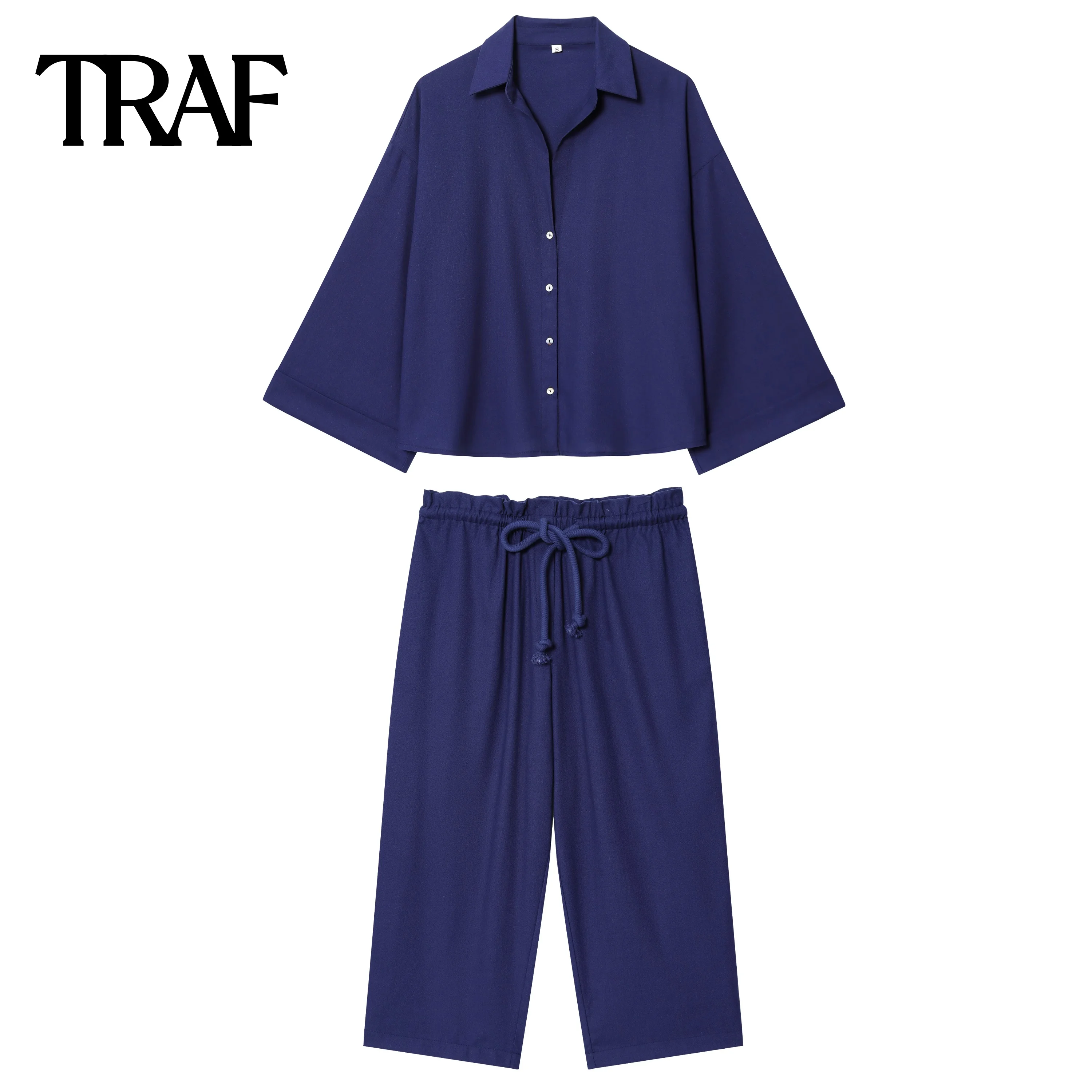 TRAF color sólido casual otoño nuevo producto 2025 solapa cuerno camisa de manga larga top o encaje hasta decoración mediados de cintura pantalones casuales