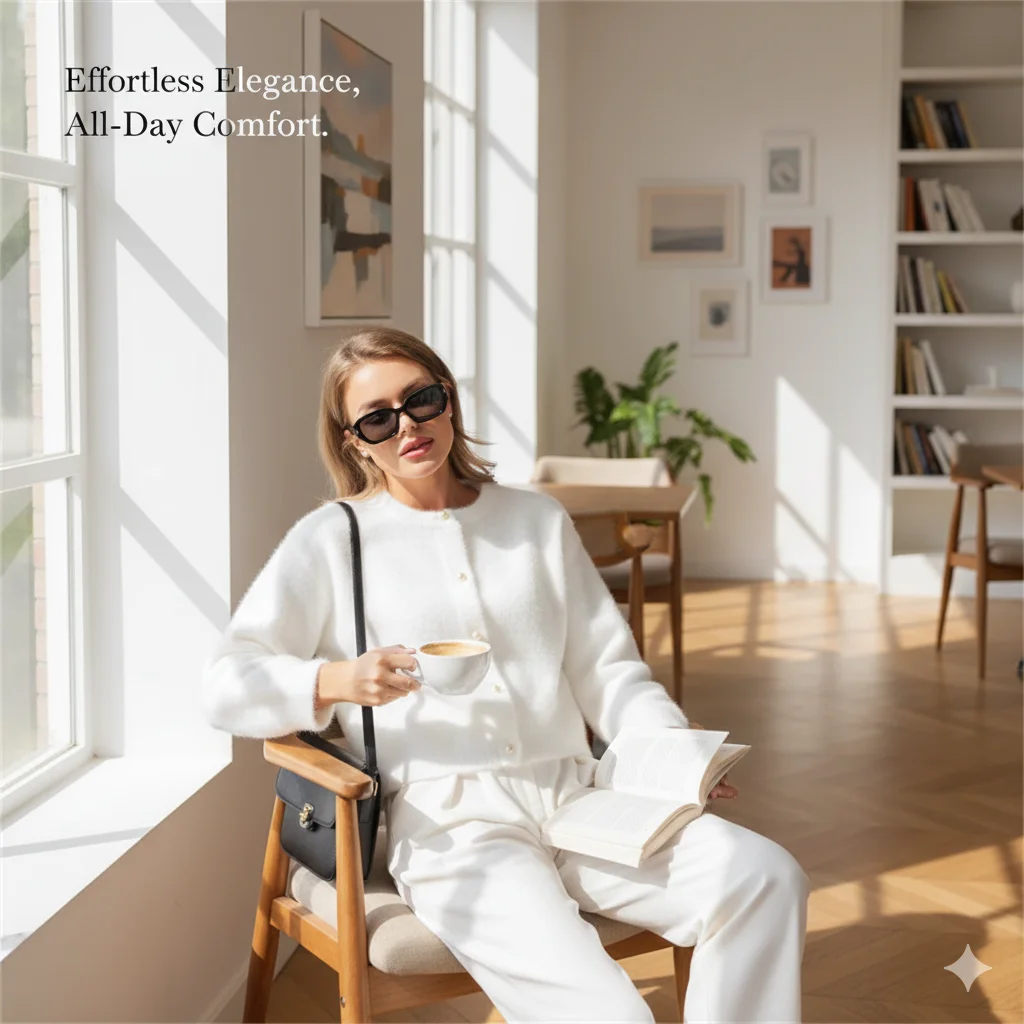 Women Faux Mink Velvet Knitted Cardigan Soft Fluffy Loose Fit O Neck Pearl Button Single Breasted Sweater For Autumn Winter