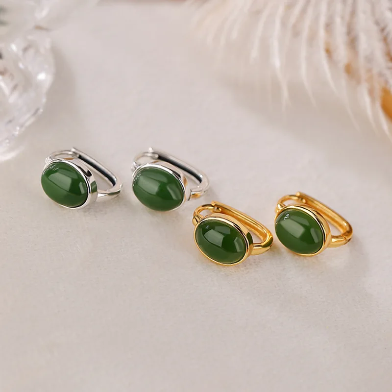 S925 Sterling Silver Gold Plated Hetian Green Jade Simple Noodle Earrings Refined Stylish and Versatile Eardrop Earring