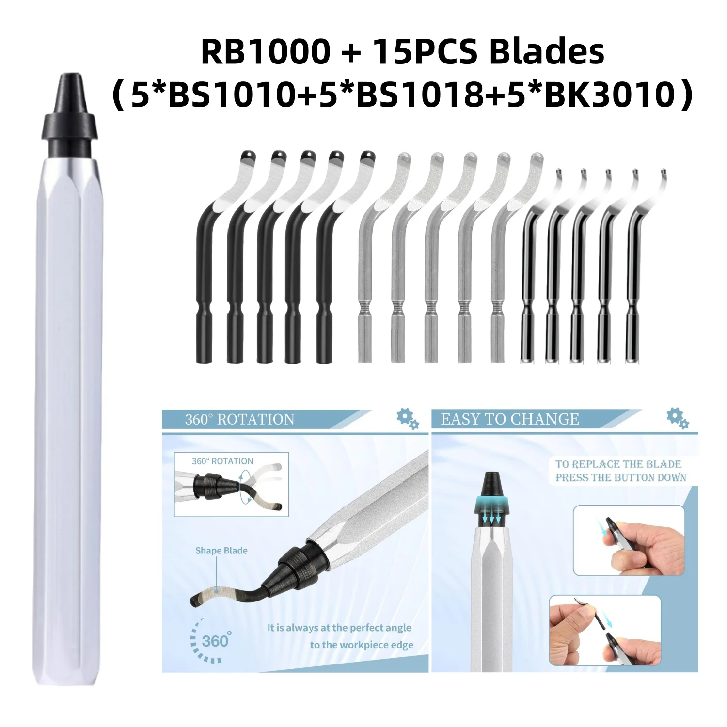 

RB1000 Metal Handle with BS1010 BS1018 BK3010 Total 15 High Speed Steel Replacement Blades for Metal Resin PVC Copper Plastic
