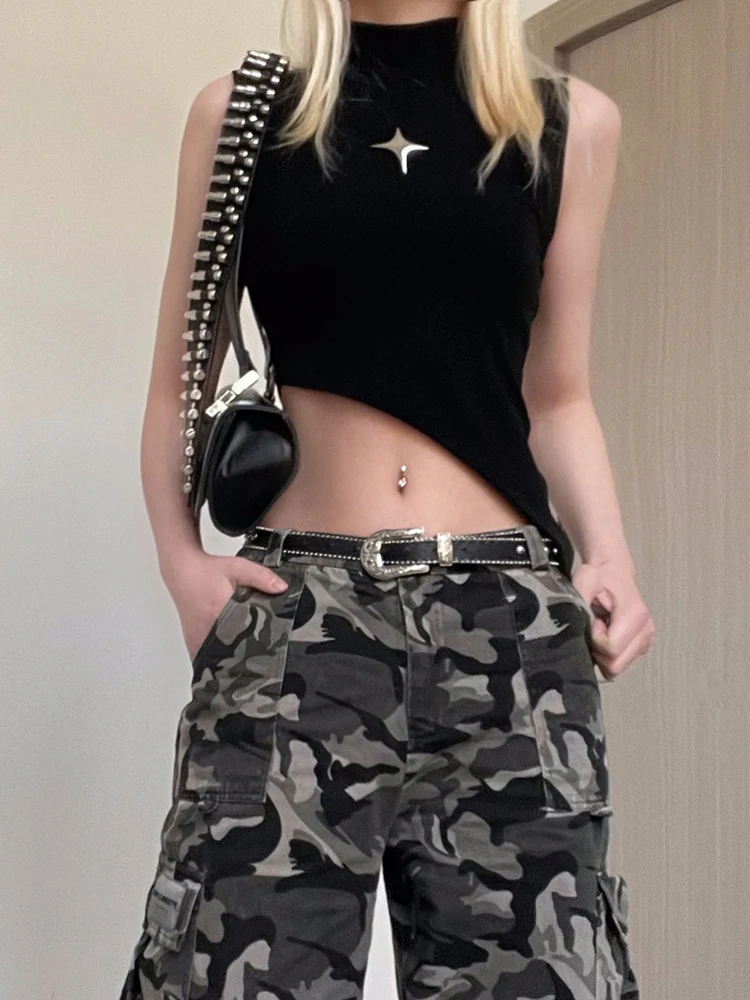 SUCHCUTE Dark Academia Rivet Patchwork Crop Tops Women Grunge Sleeveless Black Irregular Tank Top y2k Streetwear Punk Clothes