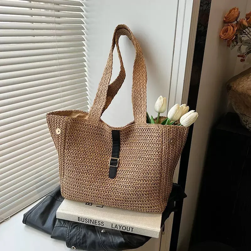 CLAREGQI  Women Large Capacity Straw Woven Tote Bag with PU Leather Buckle Handmade Summer Beach Shoulder Bag Vacation Daily Sho