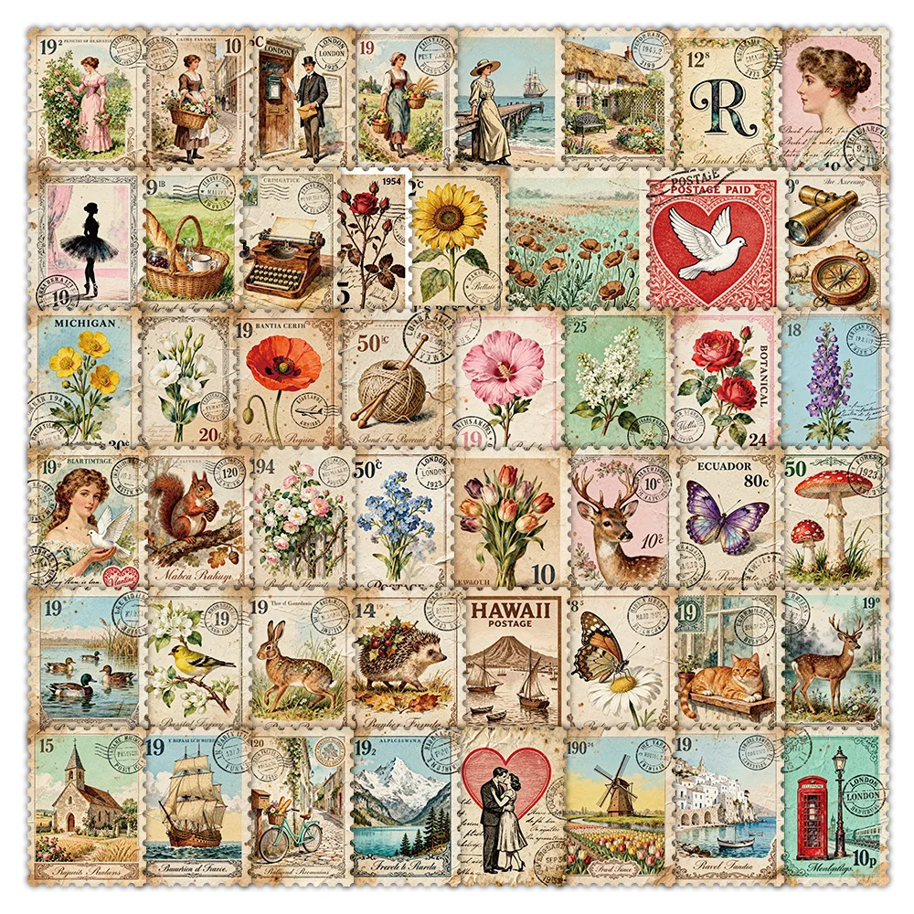 10/50PCS Retro American Style Stamp Stickers Flowers Animals Graffiti Decoration DIY Notebook Suitcase Phone Guitar Toys Decals