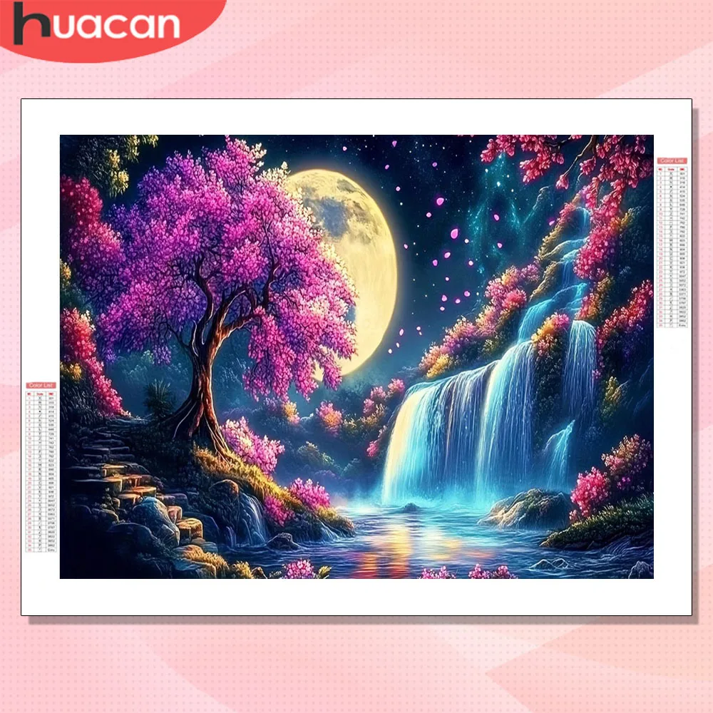 

Алмазная мозаика HUACAN 5D: Пейзаж с водопадом и цветущей сакурой, Луна. Полный набор для декора дома. Квадратные и круглые стразы.