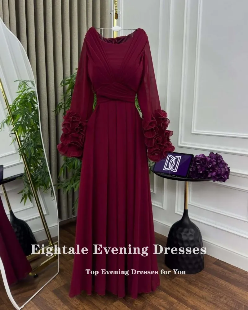 Eightale アラビアイブニングドレス O ネックプリーツ長袖ブルゴーニュカスタマイズされたシフォンウエディングドレスウェディングパーティーローブ夜会
