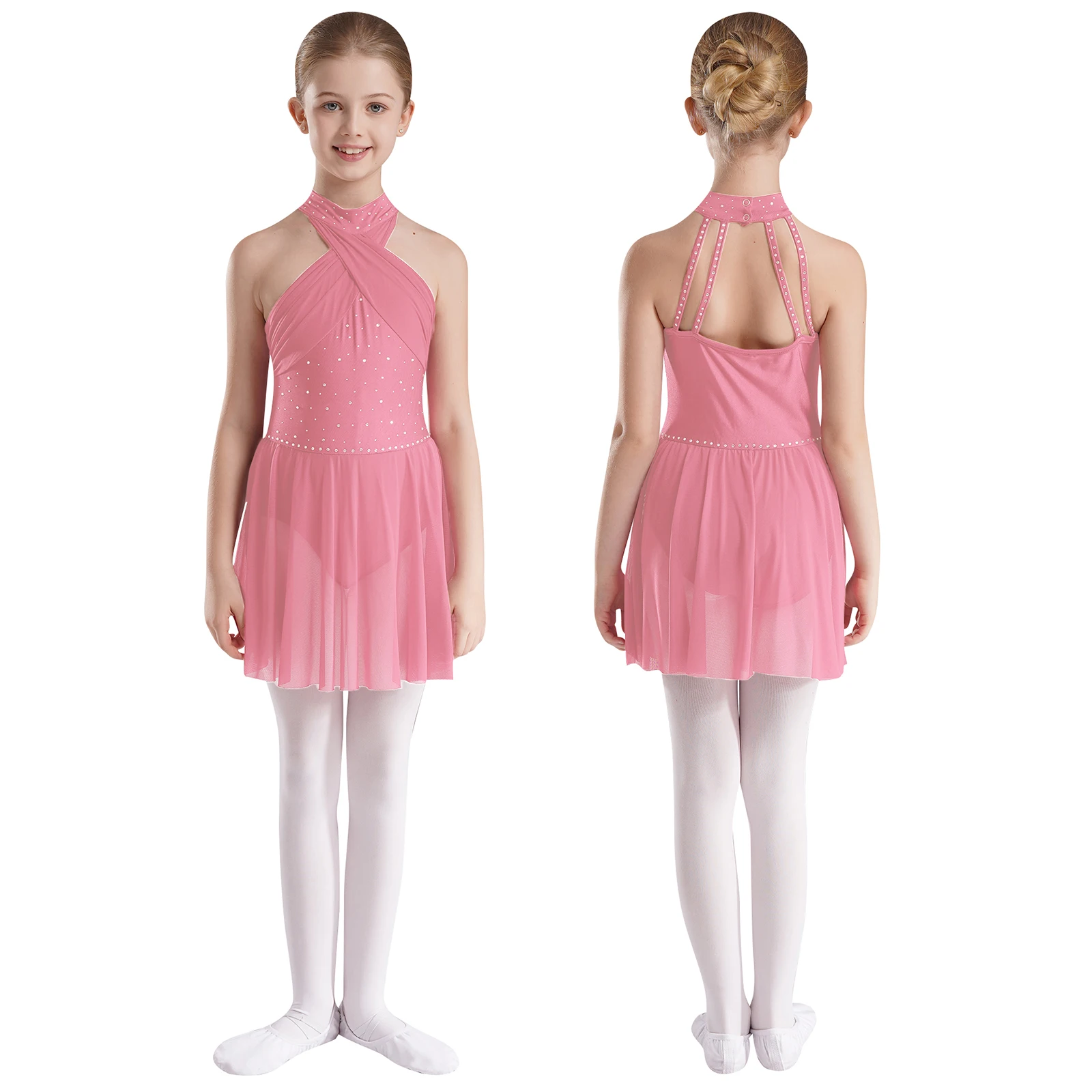 Children Girls Figure Skating Performance Costume Rhinestone Mesh Modern Lyrical Dance Rhythmic Gymnastics Ballet Leotard Dress