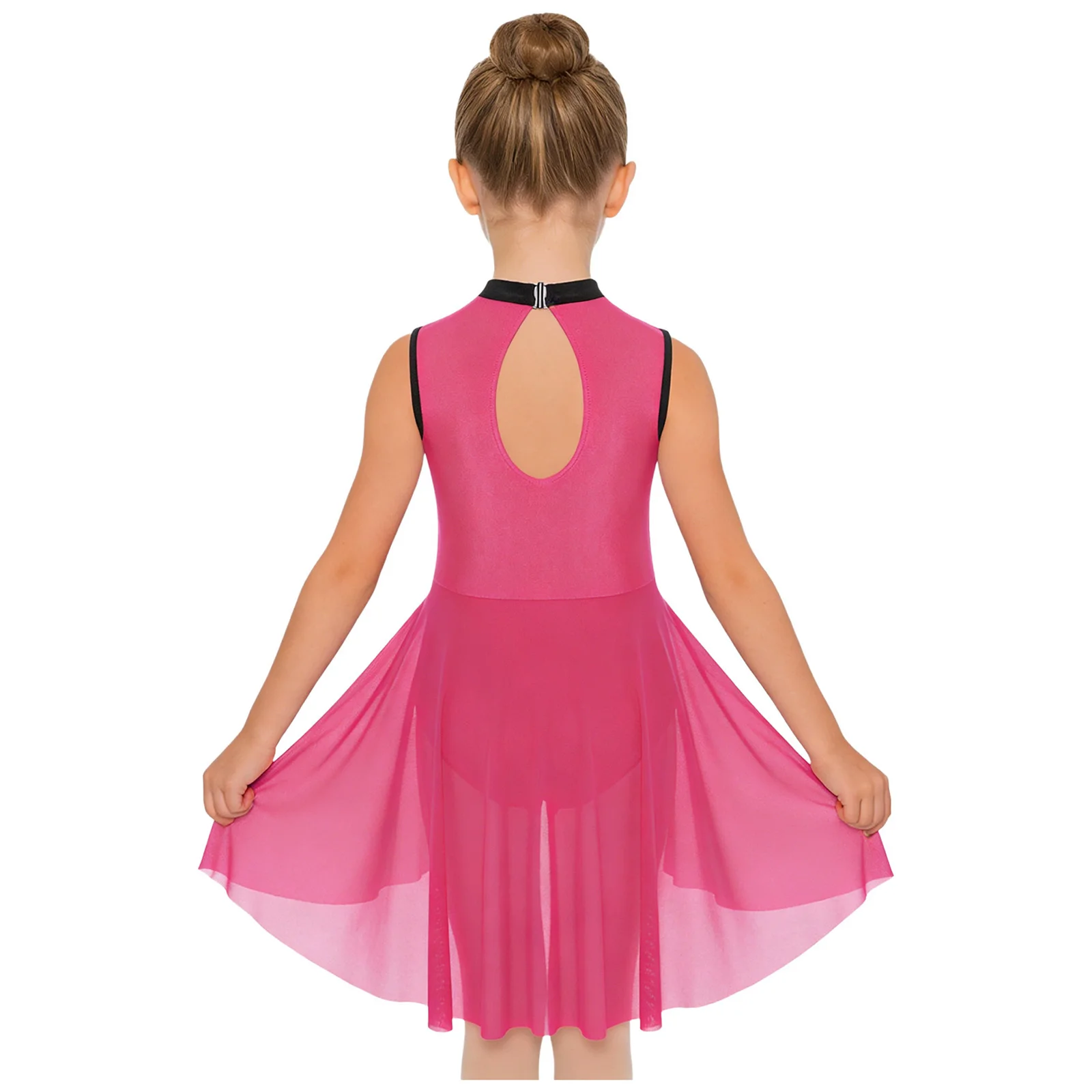 Body da ballo latino per tango lirico per bambina, strass, collo a lupetto, senza maniche, in rete, per spettacoli di danza da sala