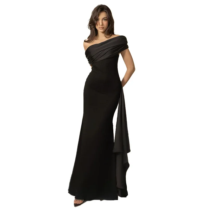 

YUZHEXI diagonal off shoulder elegant prom black dress women bodycon sleeveless maxi robe black red