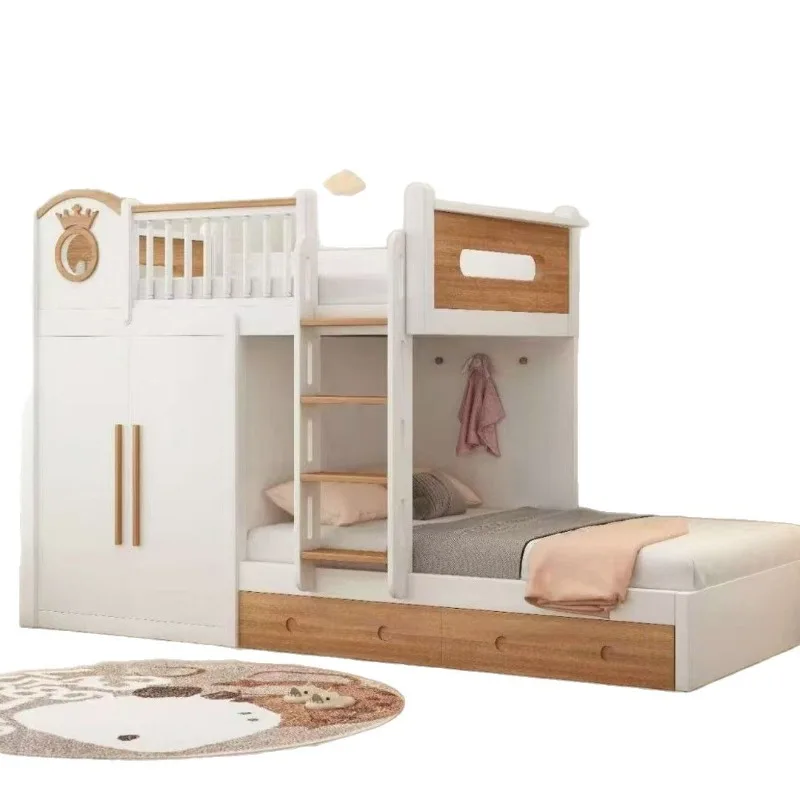 Solid wood upper and lower dislocation type bed and lower table, bunk bed staggered telescopic combination bed