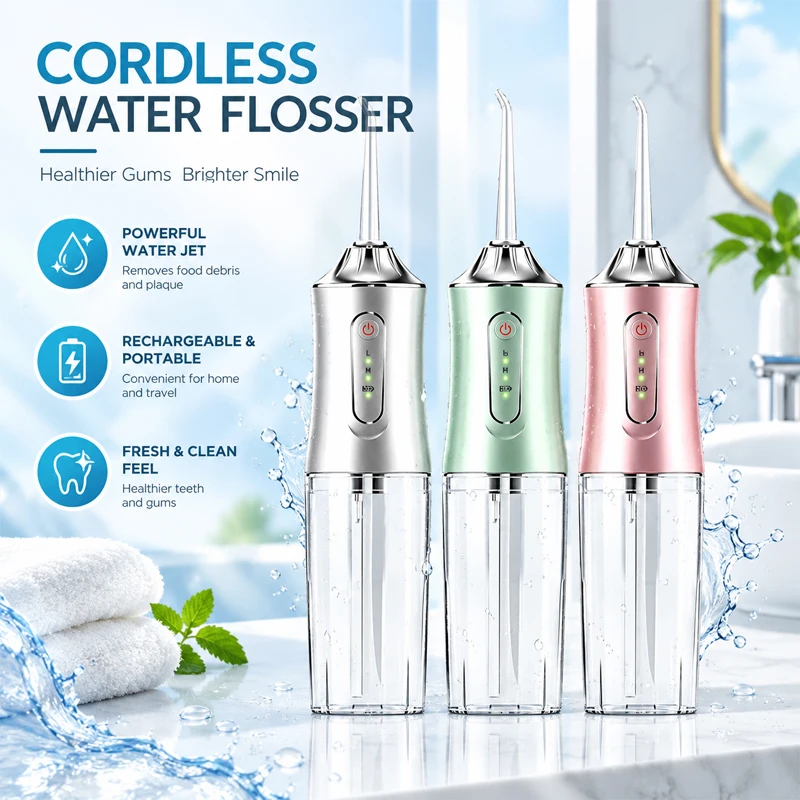 Cordless Water Flosser Portable Dental Oral Irrigator 3 Modes IPX7 Waterproof Rechargeable Teeth Cleaner Water Jet Flossing with 4 Nozzles for Home Travel