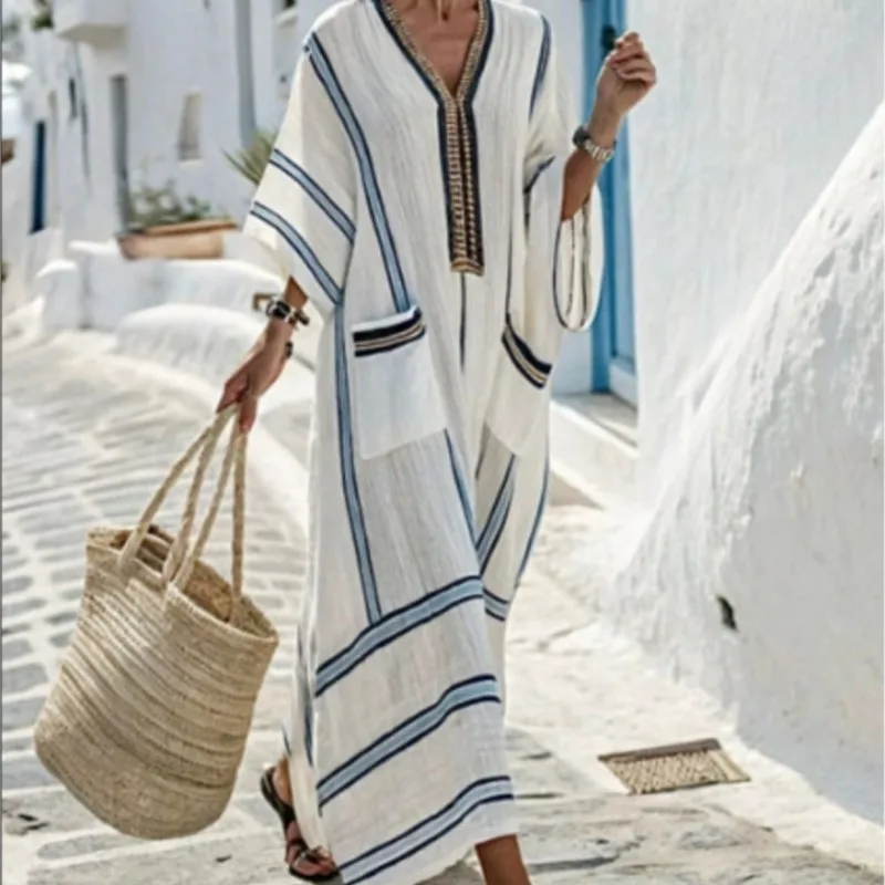 Summer New Stripe Printed Pocket Long Dresses Fashion Temperament Loose V-neck Short Sleeve Dress Women Holiday Party Dress