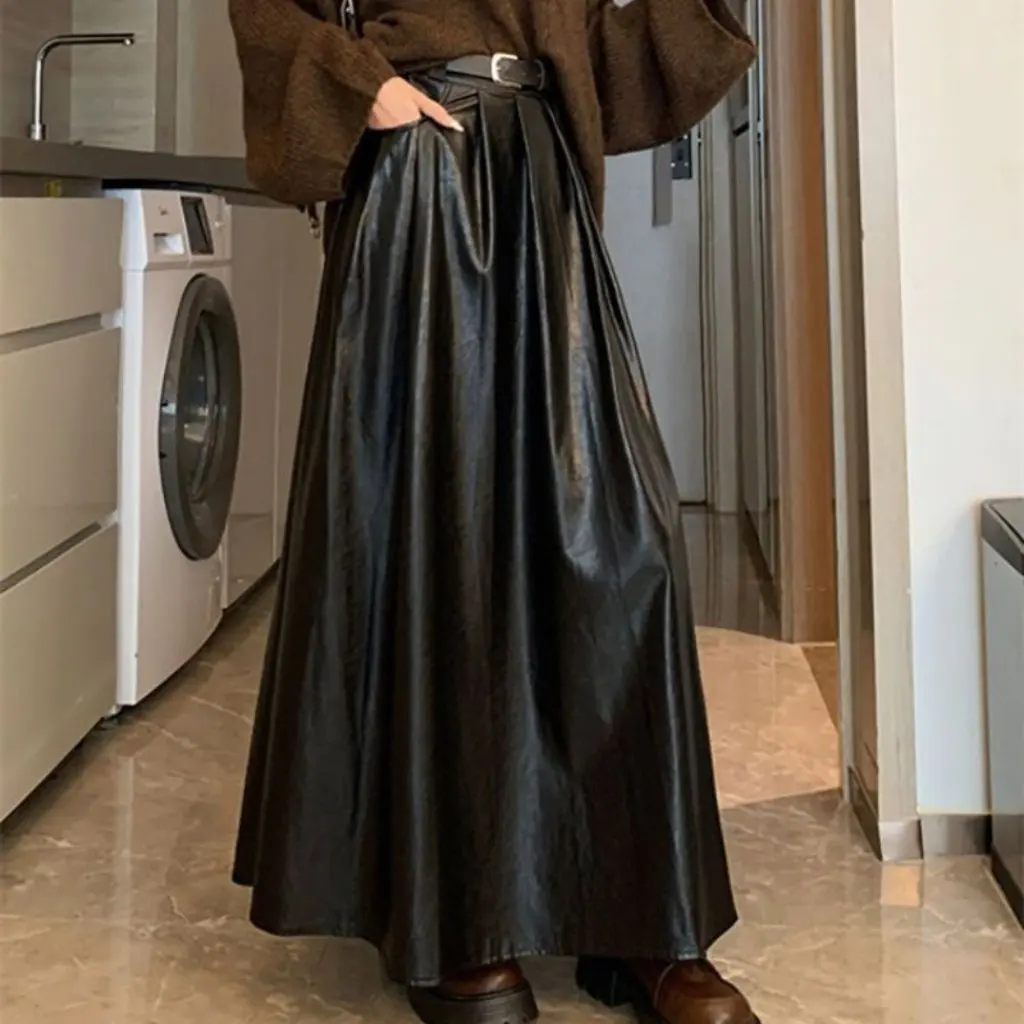 

Women's Retro High-Waist Leather Skirt Slim Pleated A-Line Half-Length Skirt Large Hem Autumn New Style
