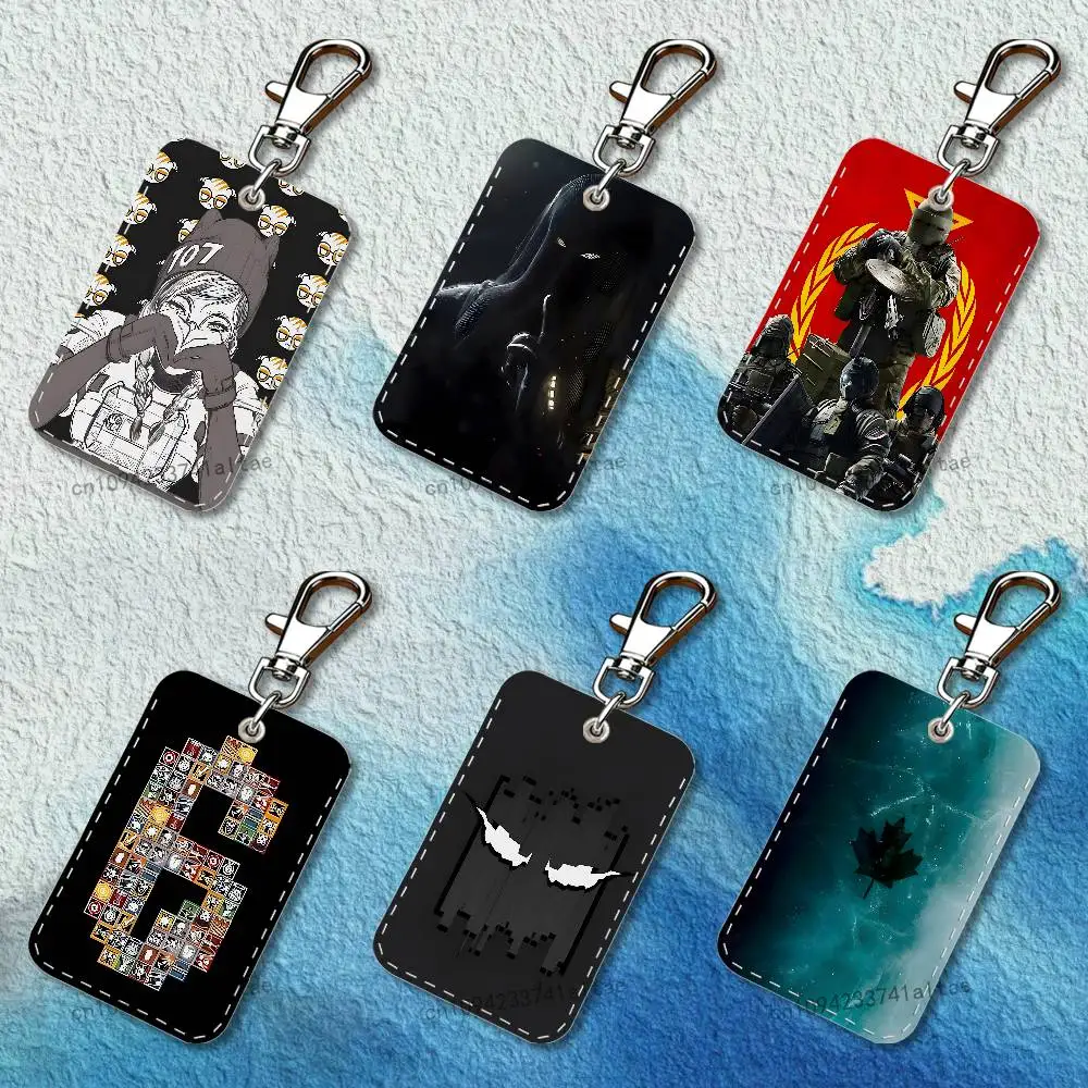R-Rainbow Game S-Six S-Siege Rectangle Card Case Keychain Access Card Bag Key Tag Ring Leather Card Holder Key Ring Access