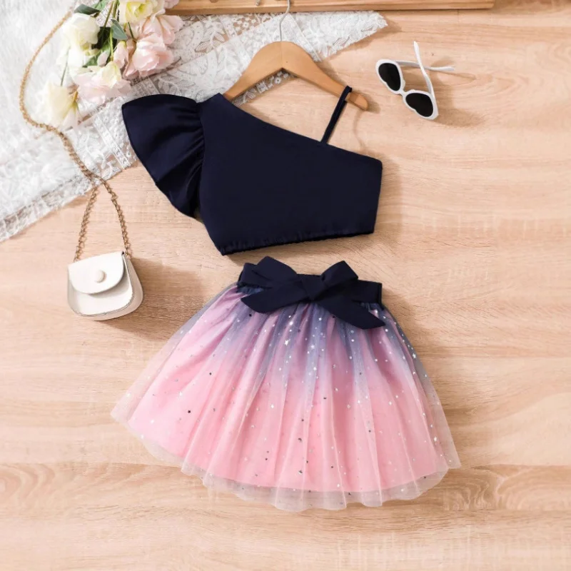 

Girls' Outfit: Flutter Sleeve Off-Shoulder Strap Top+Bowknot Gradient Starry Sky Mesh Princess Dress